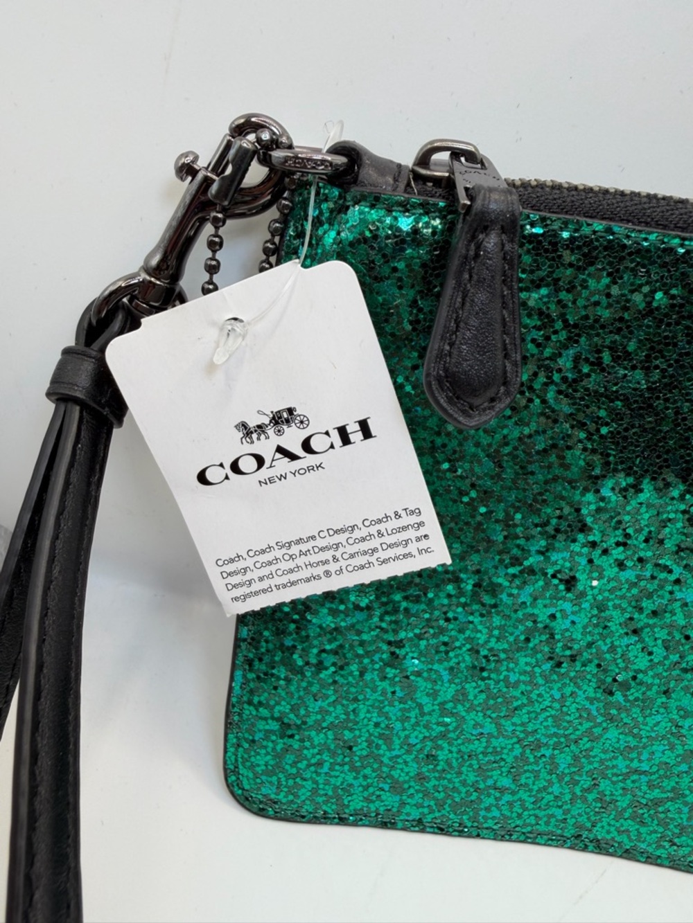 Coach Large Wristlet Emerald Green Glitter Zip Pouch NWT 77964B Statement Piece - Picture 3 of 11